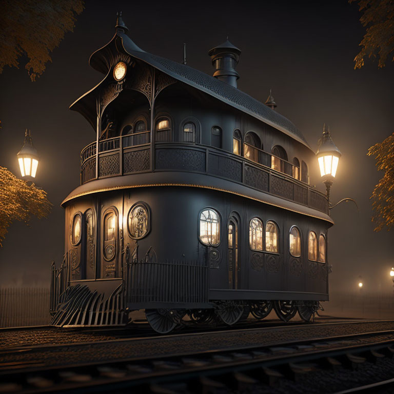Victorian-style house on wheels with warm lights on train tracks at night