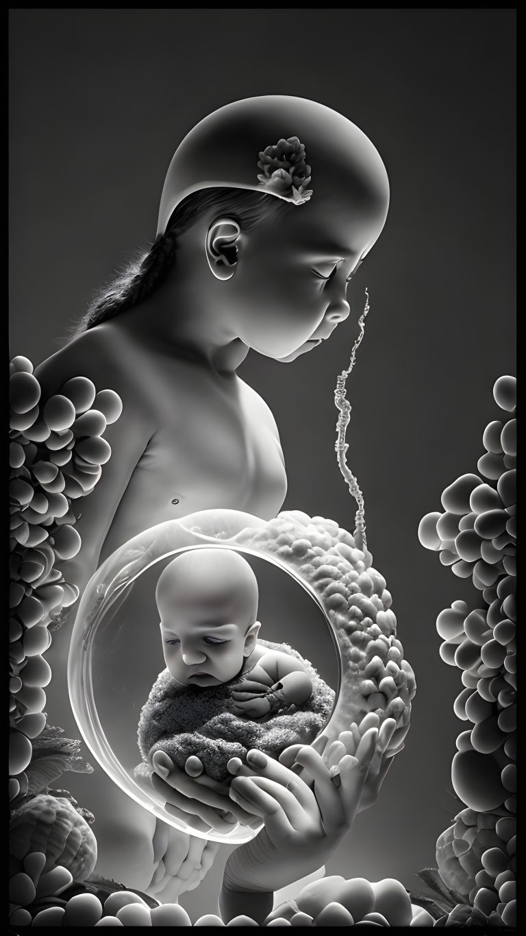 Monochromatic child holding bubble with baby in cloud-like setting