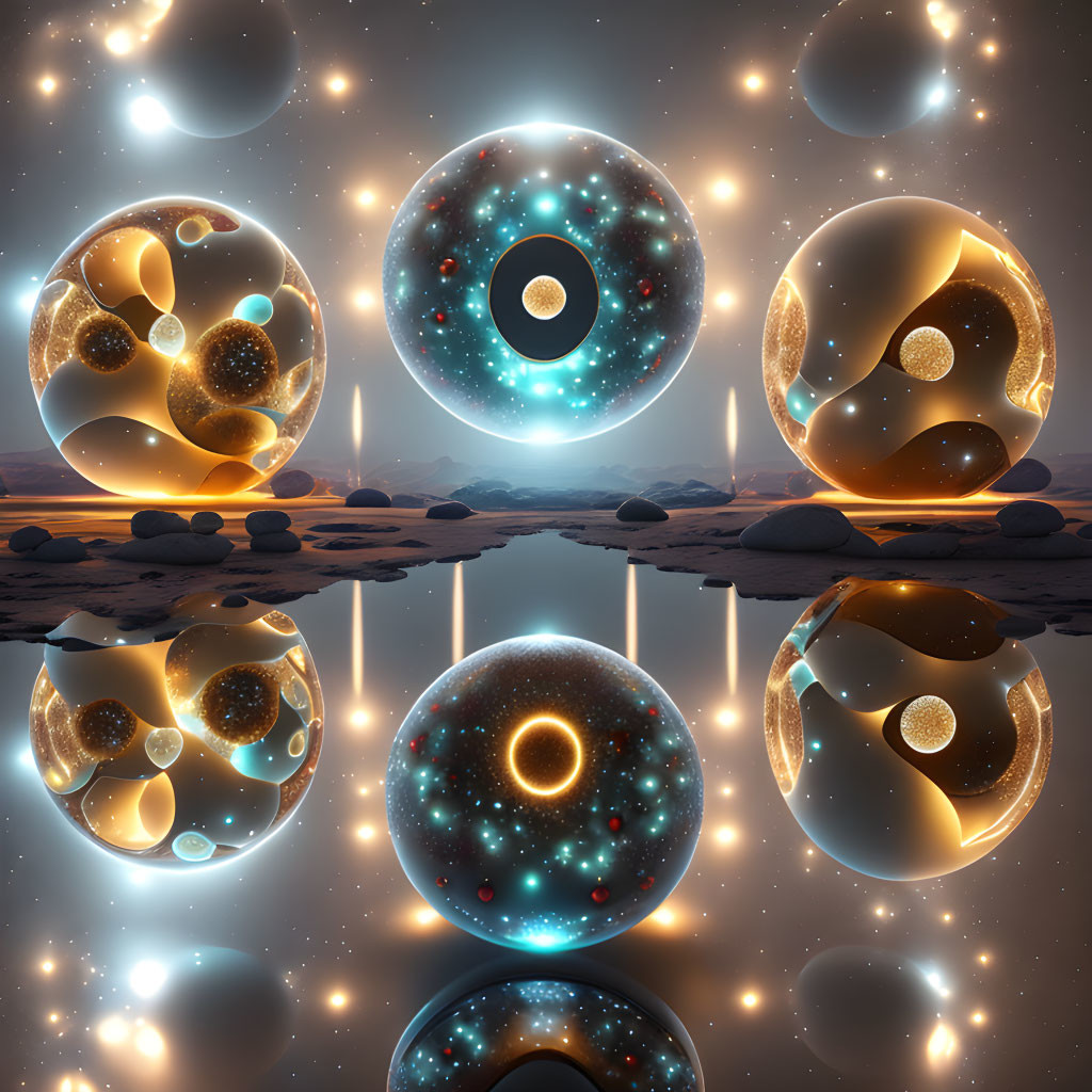 Mirrored spheres in surreal landscape with starlit sky and tranquil water