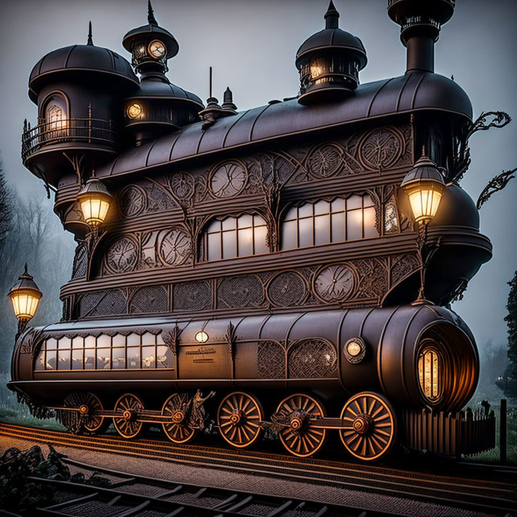 Gothic architecture steam locomotive with turrets and lanterns