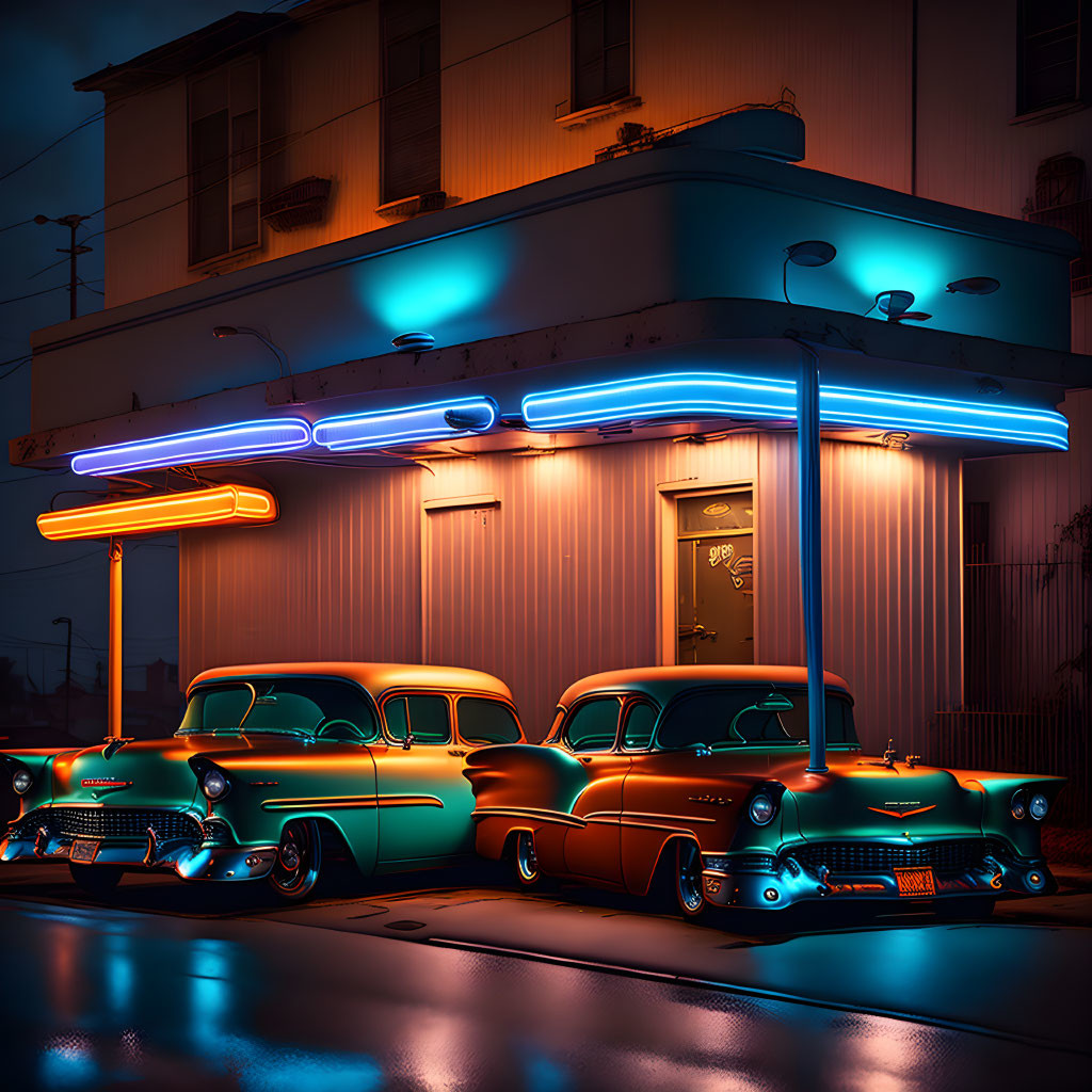 Classic Americana vintage cars parked by a diner with neon signs at dusk