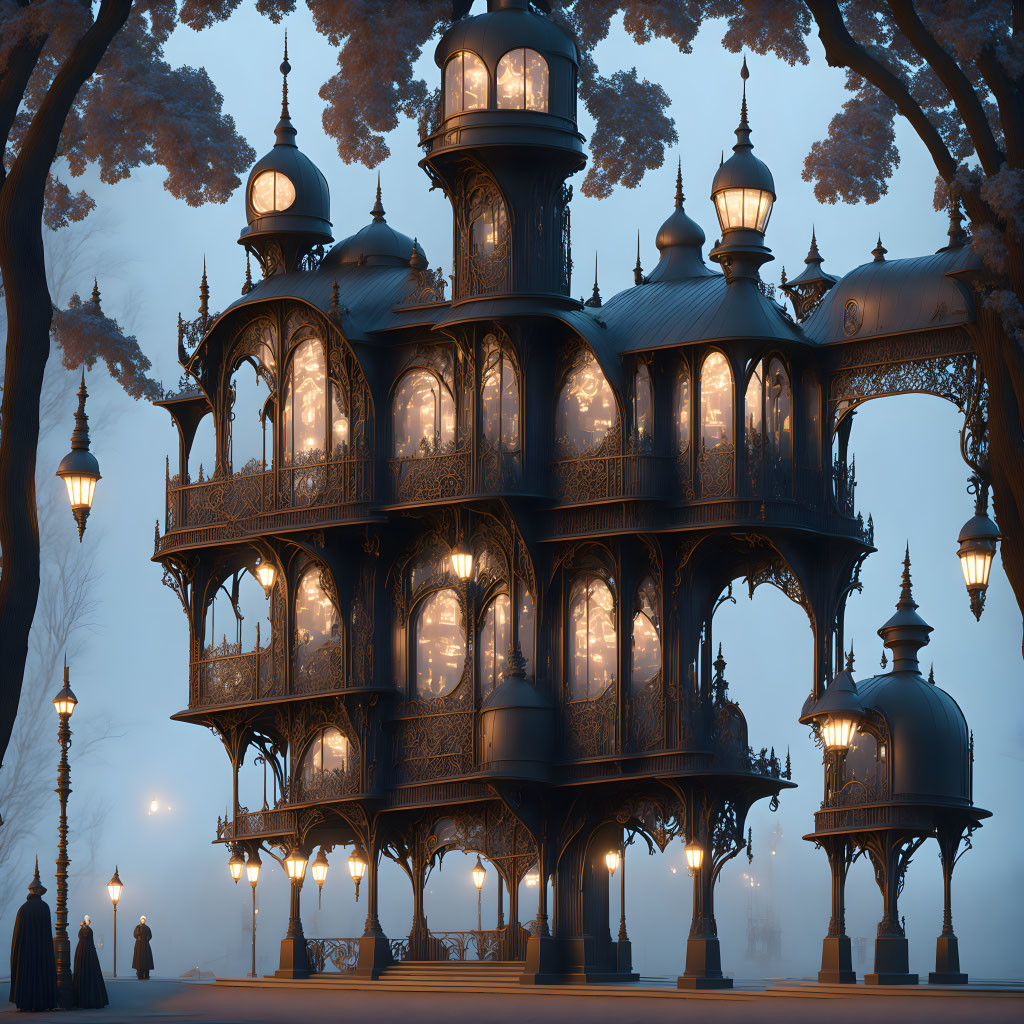 Intricate Gothic architecture in a multi-story treehouse at twilight