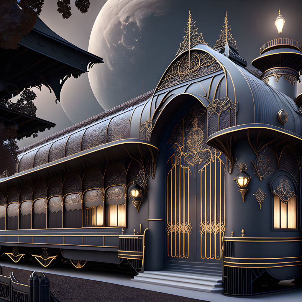 Ornate Train Station Night Sky Moon Design