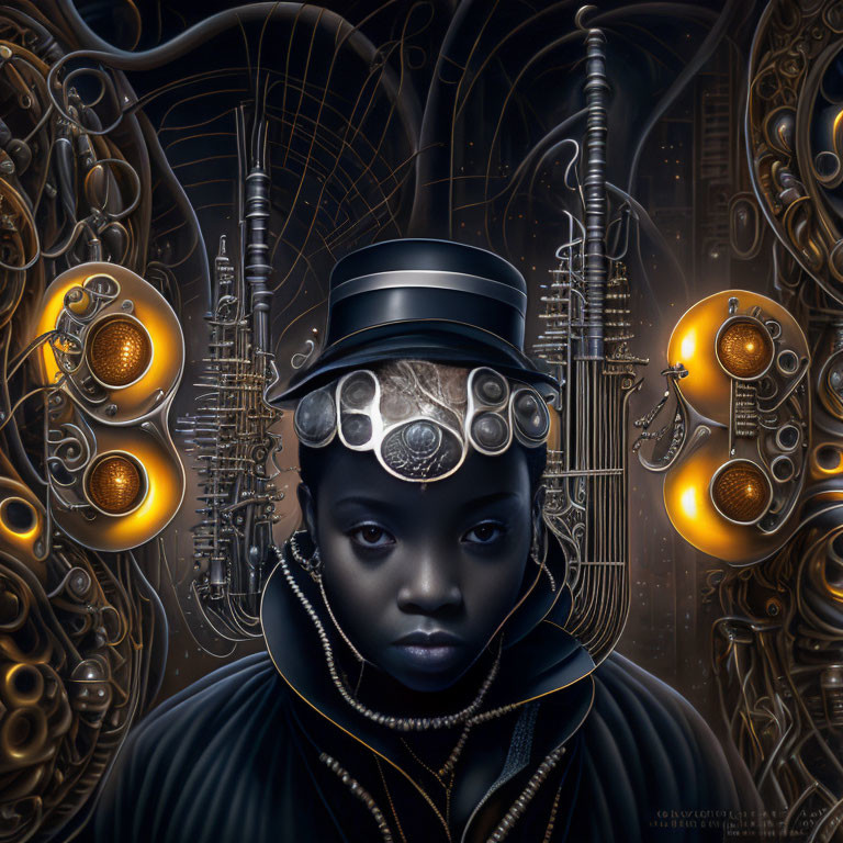 Dark-skinned person in steampunk setting with glowing orbs and top hat