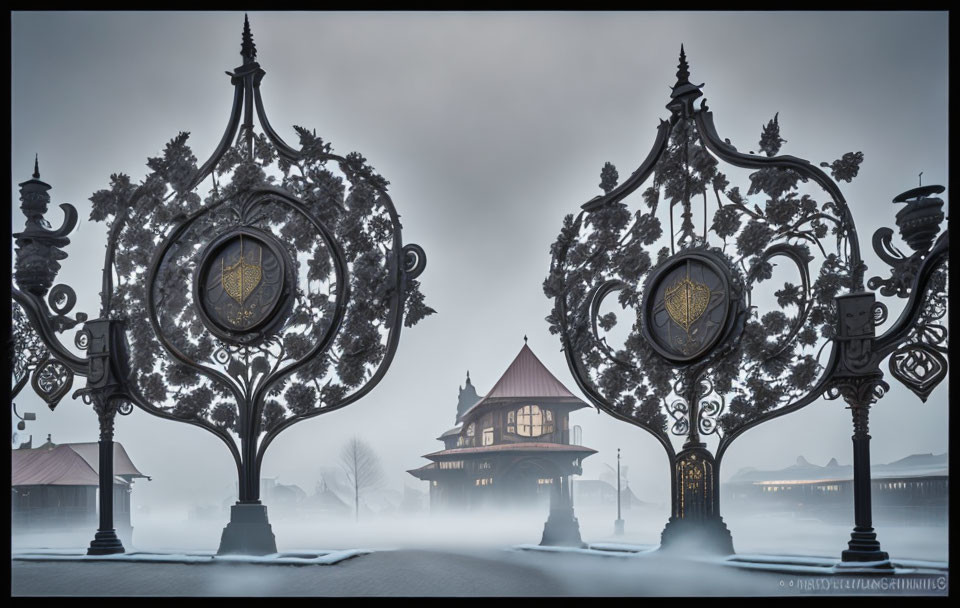 Ornate metal gate with crests opens to misty park & wooden building