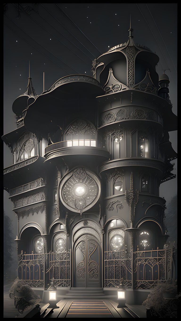 Intricately designed multi-story house at night with clock and starry sky.