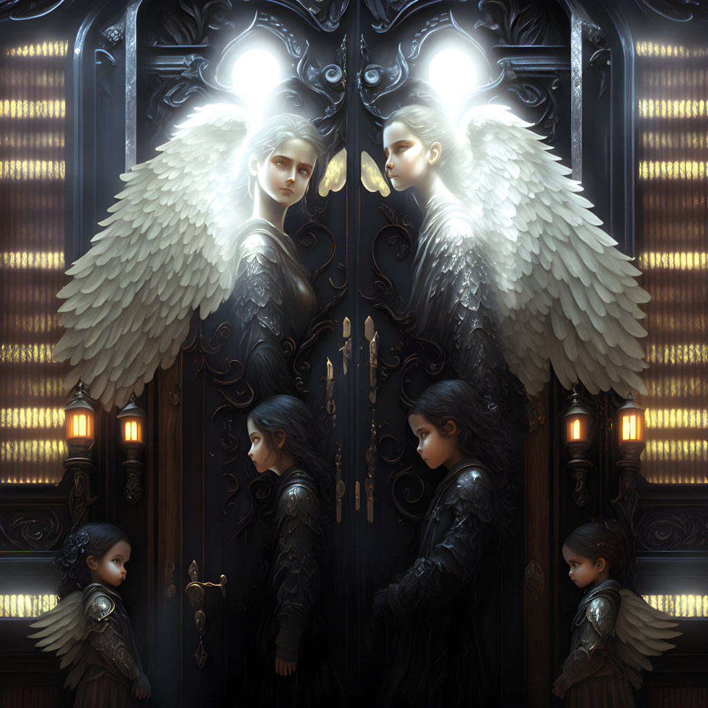 Symmetrical Artwork of Angelic and Dark-winged Figures in Gothic-style Doorway