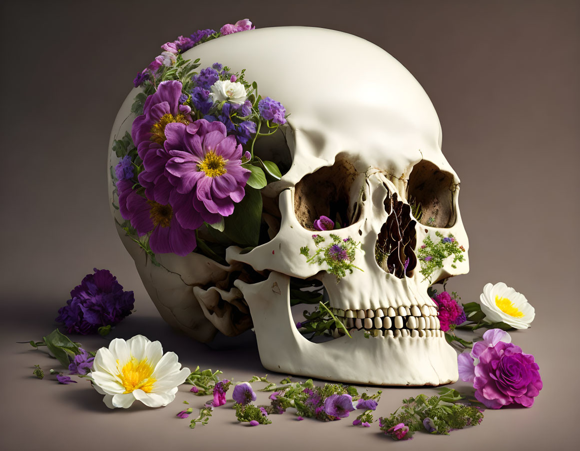 A realistic human skull infested with flowers 