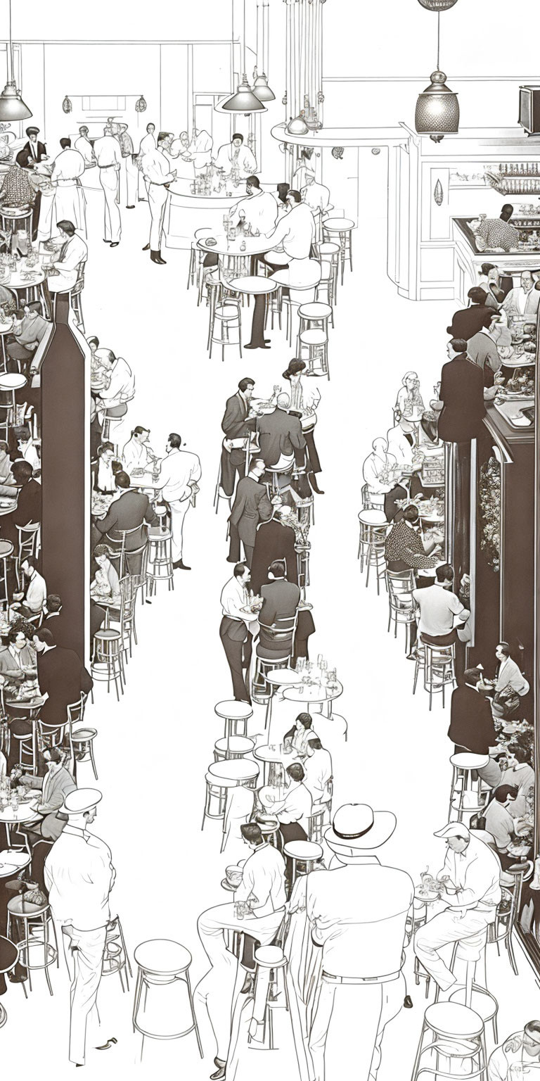 Detailed Monochrome Restaurant Scene Illustration