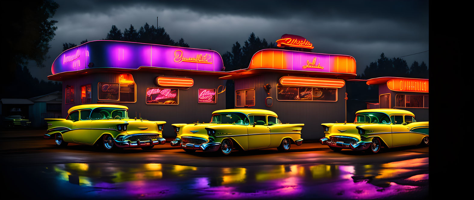 Vintage diner with neon lights and classic cars at night