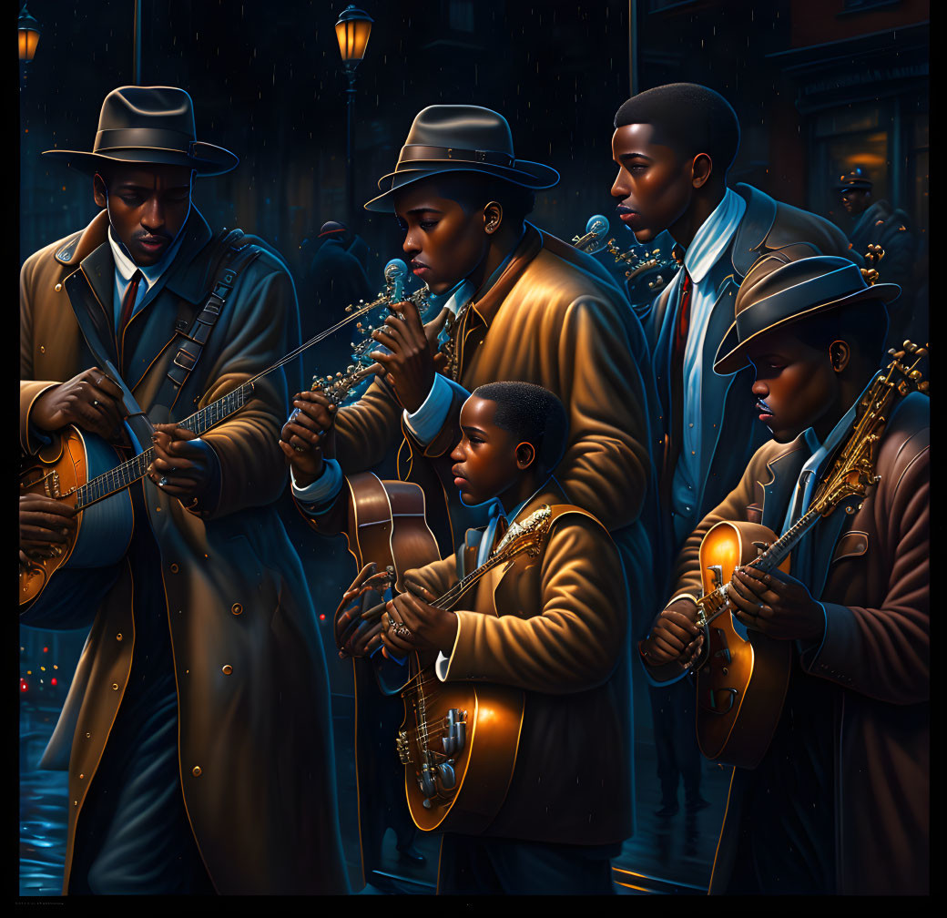 Jazz band illustration with five members playing instruments on rainy street
