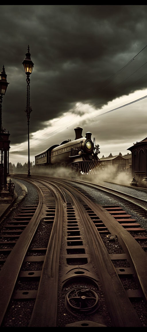 Vintage steam locomotive at dimly lit station under dramatic sky