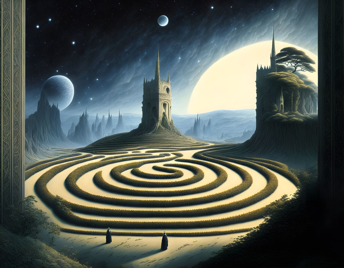 Fantasy landscape with spiral maze, castle, figures, two moons, and starry sky