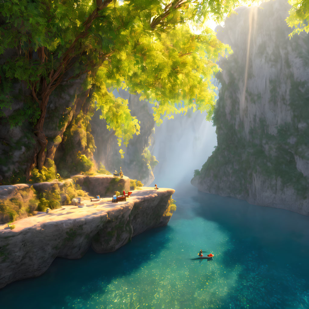 Tranquil river in sunlit canyon with boat and picnic setup