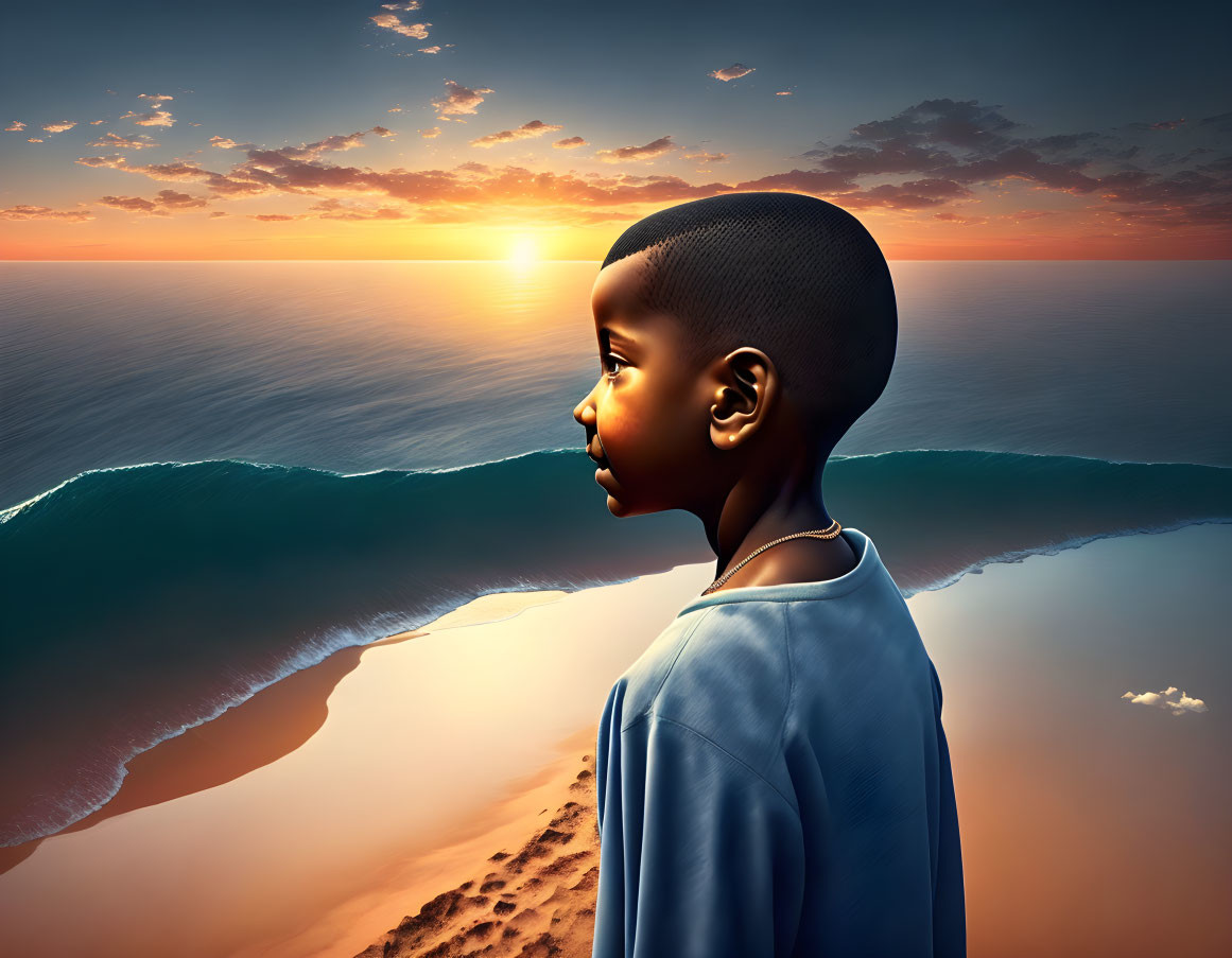 Young child gazes at serene beach sunset horizon