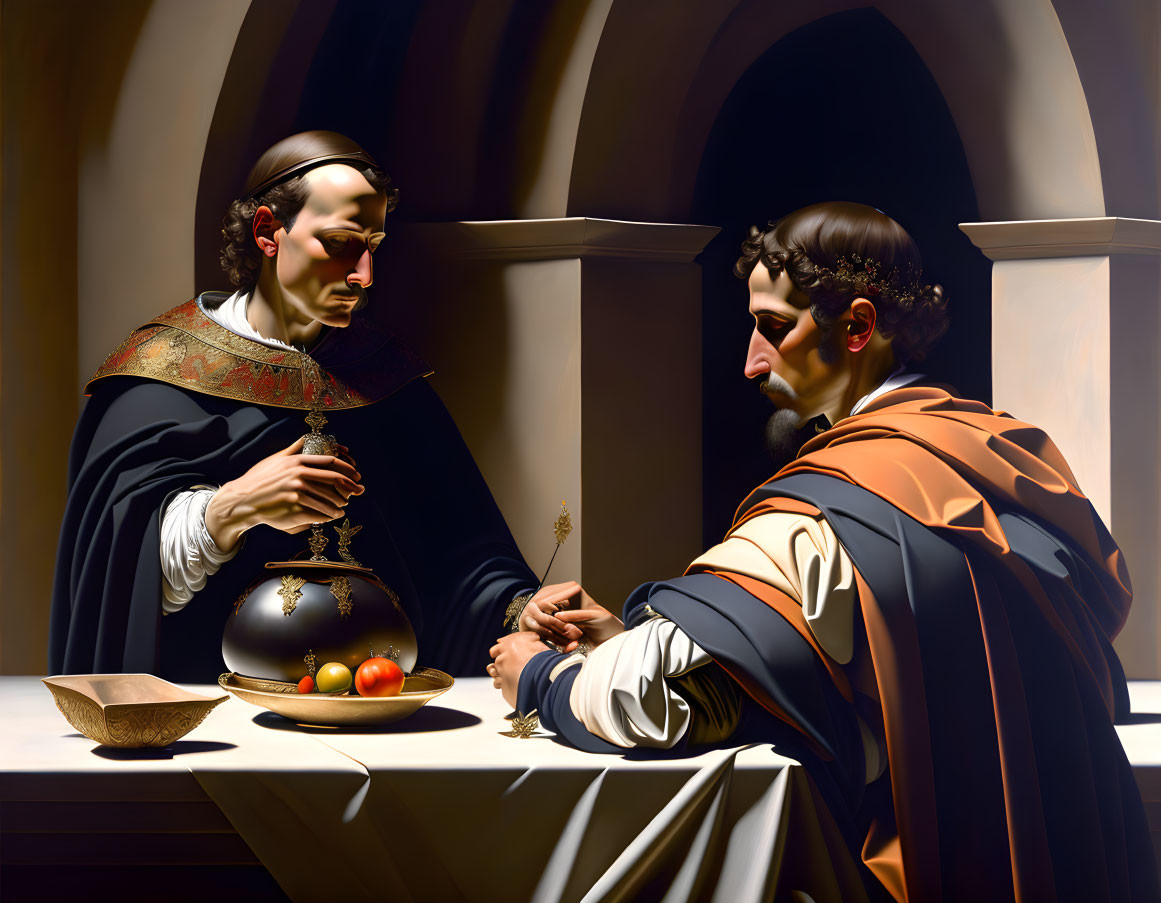 Historical painting of two men with fruit, goblet, and reflective sphere