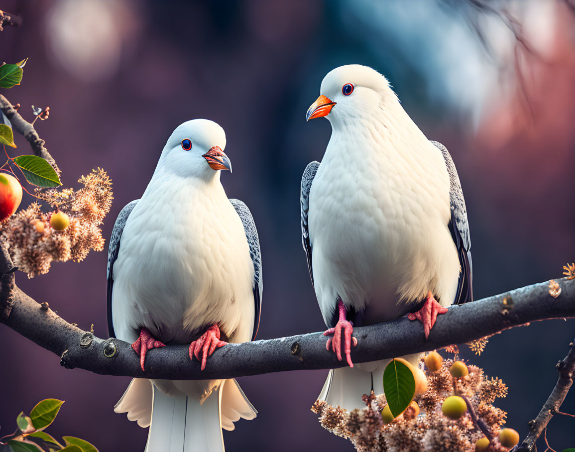 White pigeons sitting on an apple tree branch.