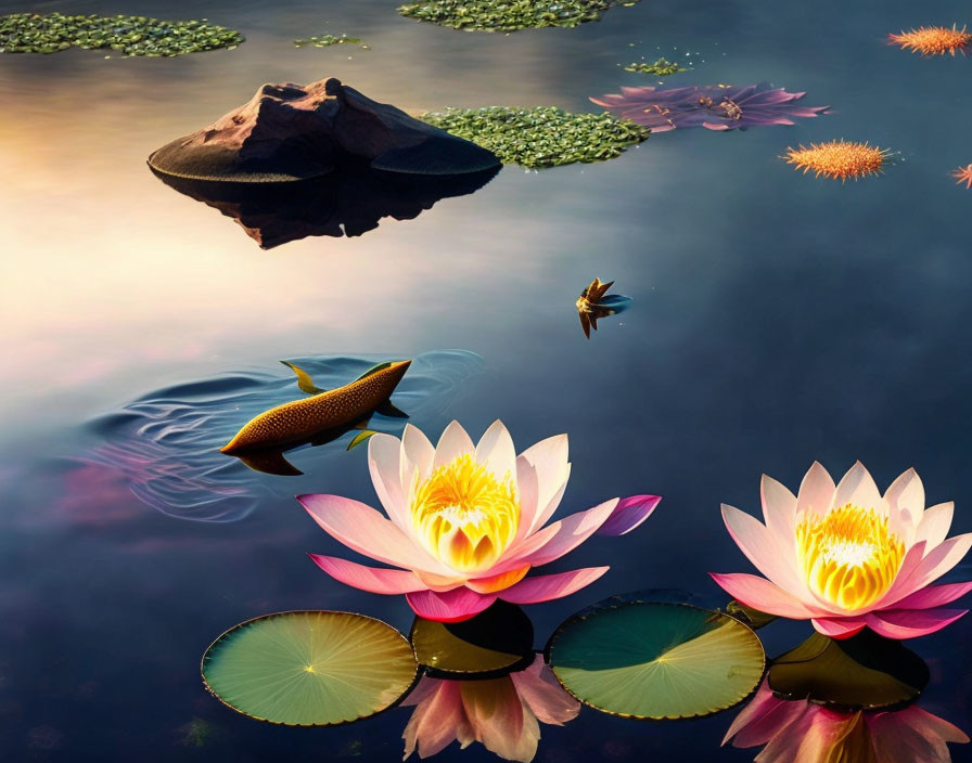 Tranquil pond scene with pink water lilies, fish, and sunset reflection