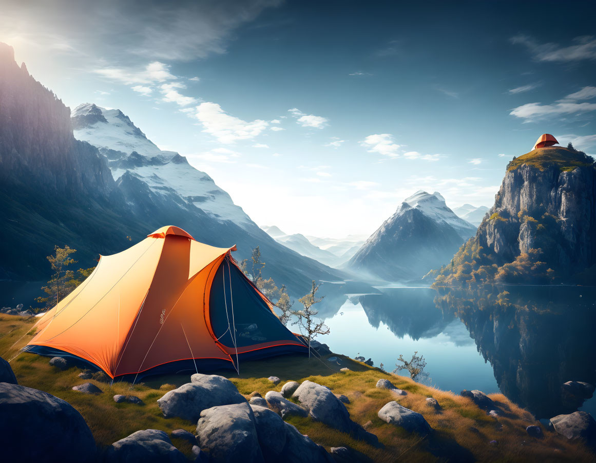 Scenic camping tent by tranquil lake and mountains
