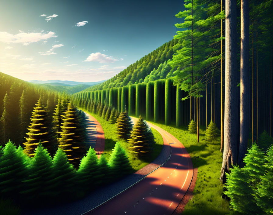 Scenic forest road with sunlight filtering through trees