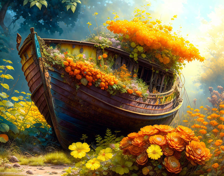 Weathered wooden boat covered in orange flowers in forest clearing