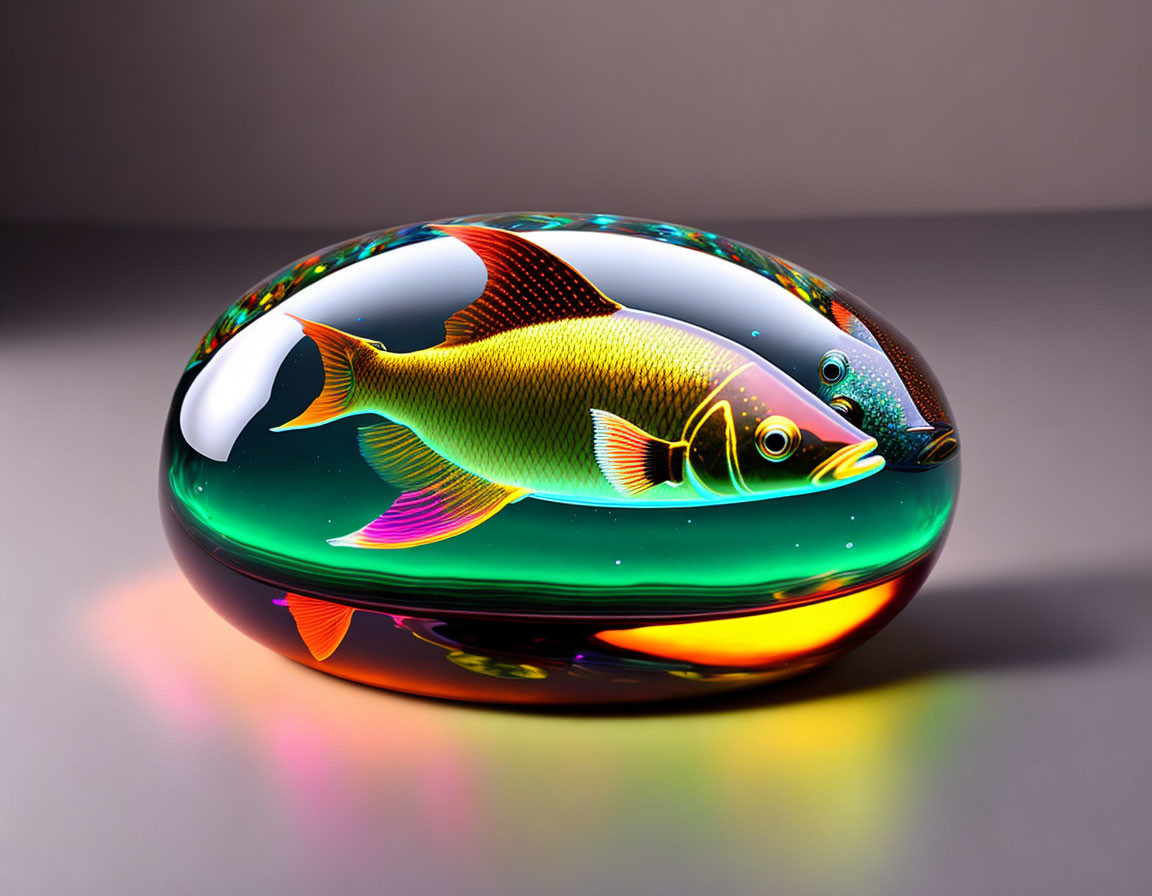 Colorful Fish Glass Paperweight on Gradient Background