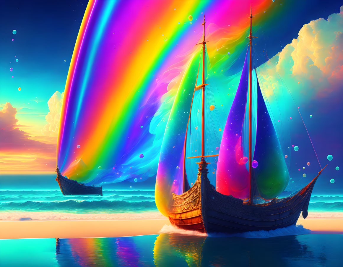 Colorful fantasy landscape with sailing ships, glowing ocean, rainbow aurora, and sparkling bubbles