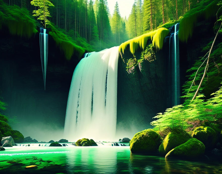 Tranquil waterfall with vibrant green moss in lush forest