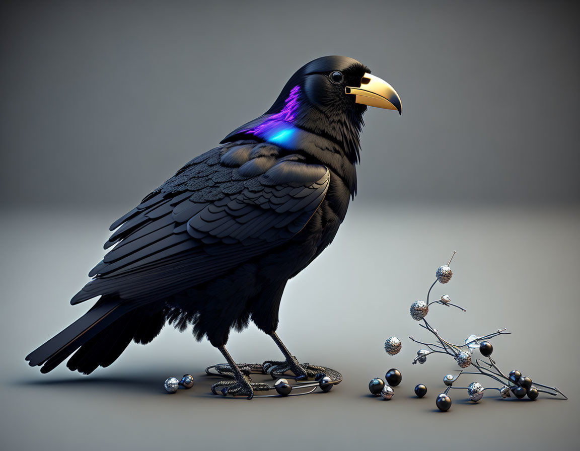 Shiny black raven with purple and blue neck sheen on metallic branch