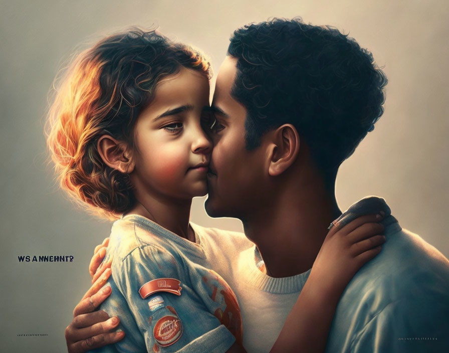 Digital Artwork: Man kissing young girl on forehead with warm lighting