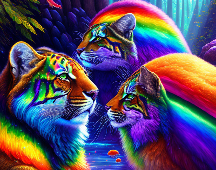 Vivid Rainbow-Colored Tigers in Neon Jungle