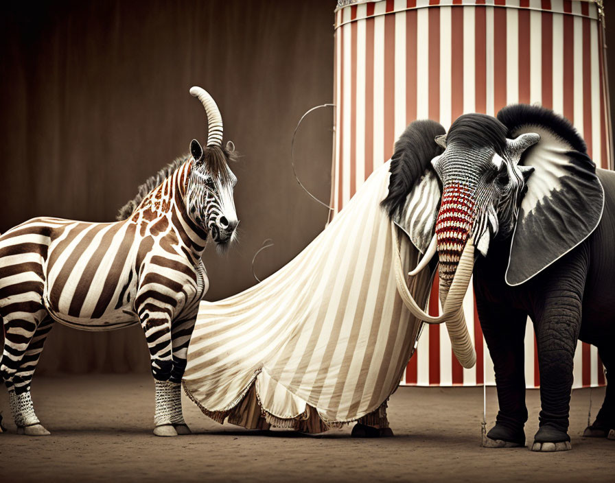 Zebra and Elephant in Circus Attire Perform Under Striped Big Top Tent