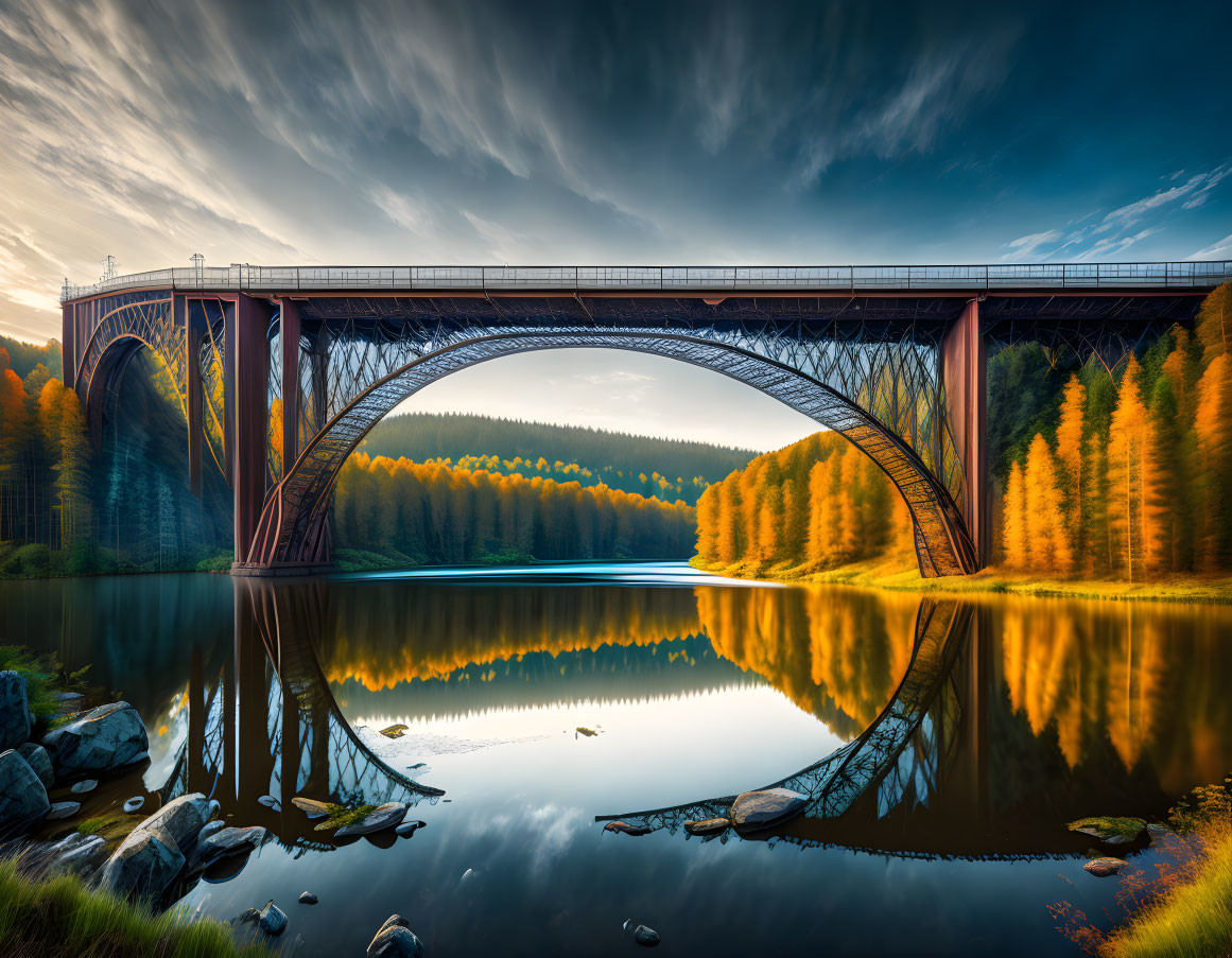 Arched bridge over calm waters with autumn trees and dramatic sky