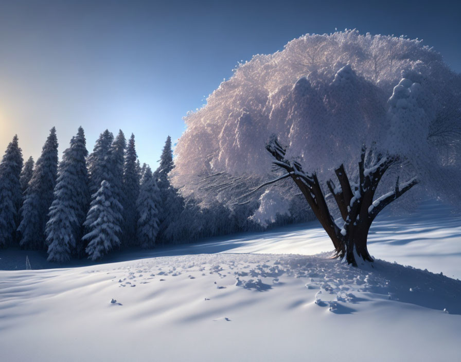 Snow-covered pink tree in serene winter landscape