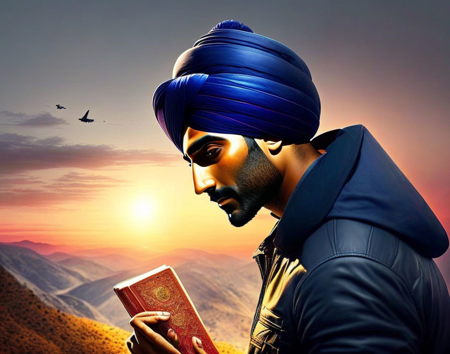 Man in blue turban with book gazes at sunset over hilly terrain