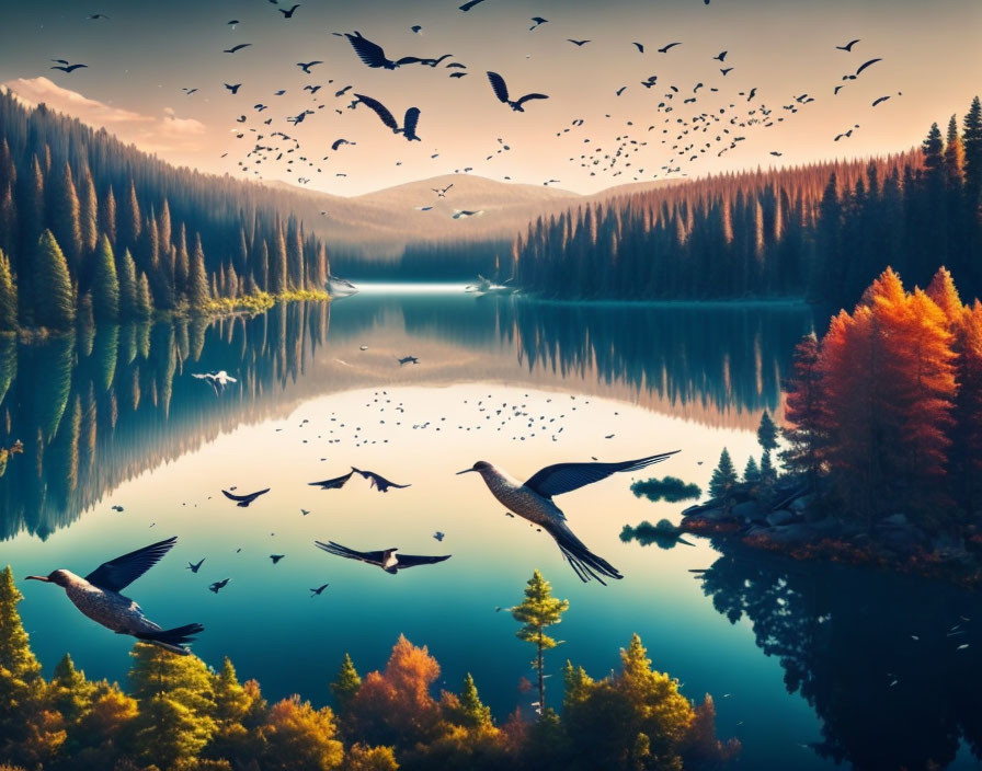 Tranquil lake with autumn forest and birds at sunrise or sunset