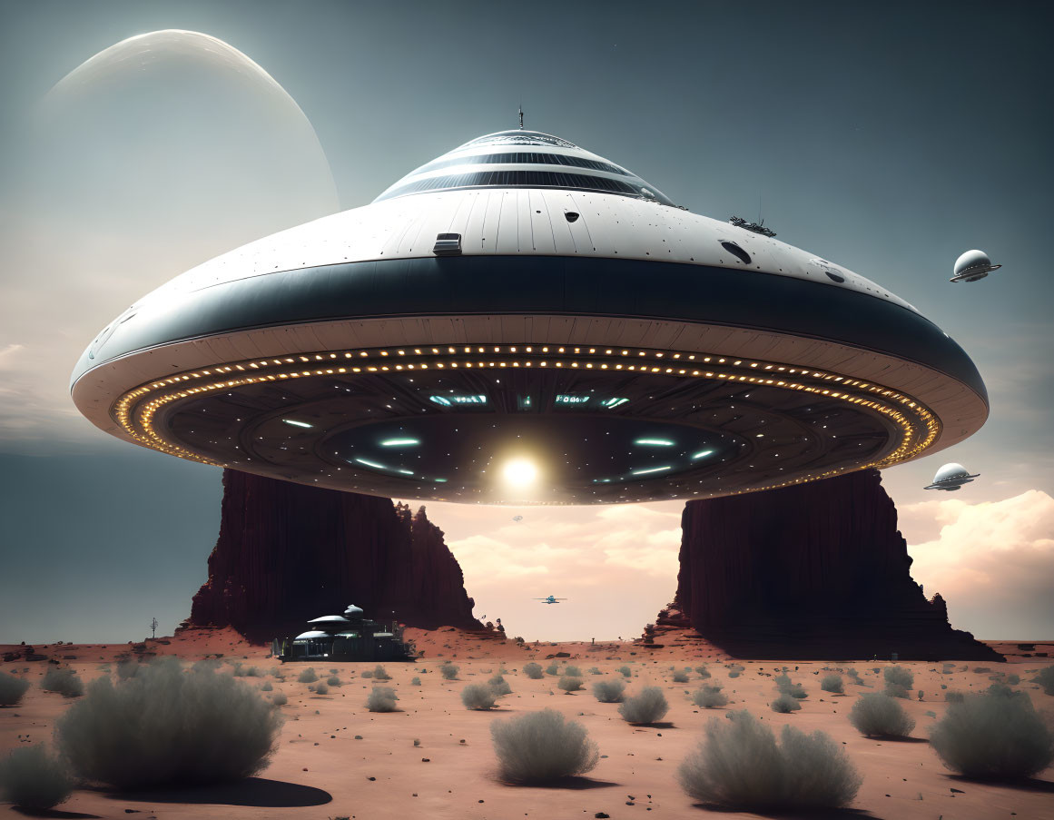 Mysterious UFO in desert with flying saucers and distant planet