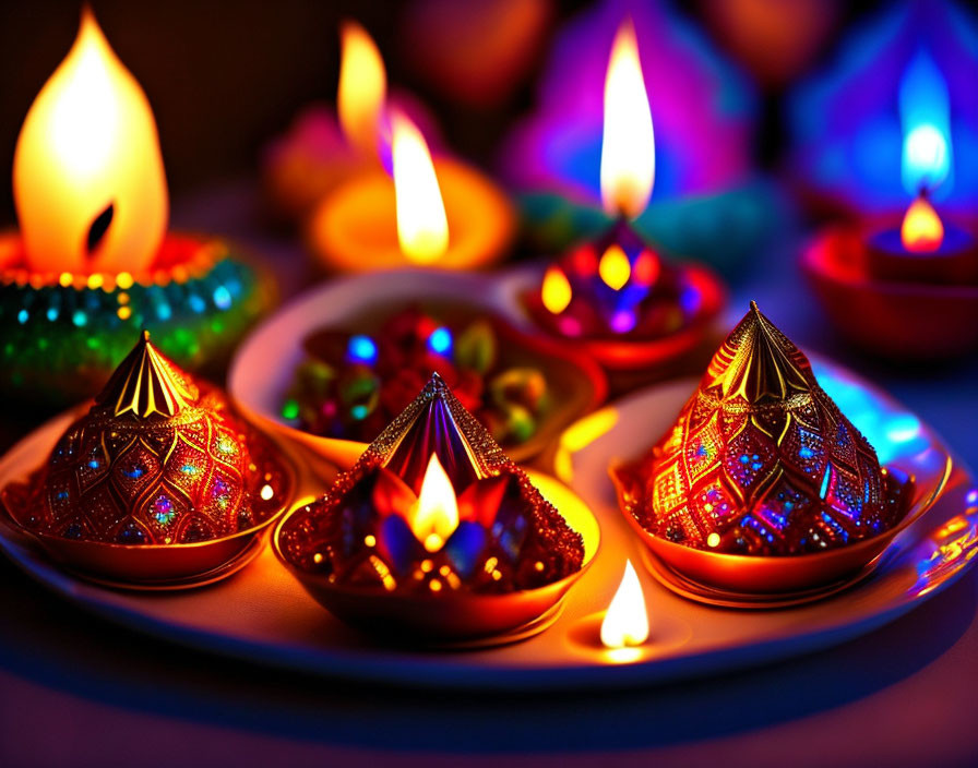 Vibrant Diwali clay lamps with glitter, lit flames on dark background