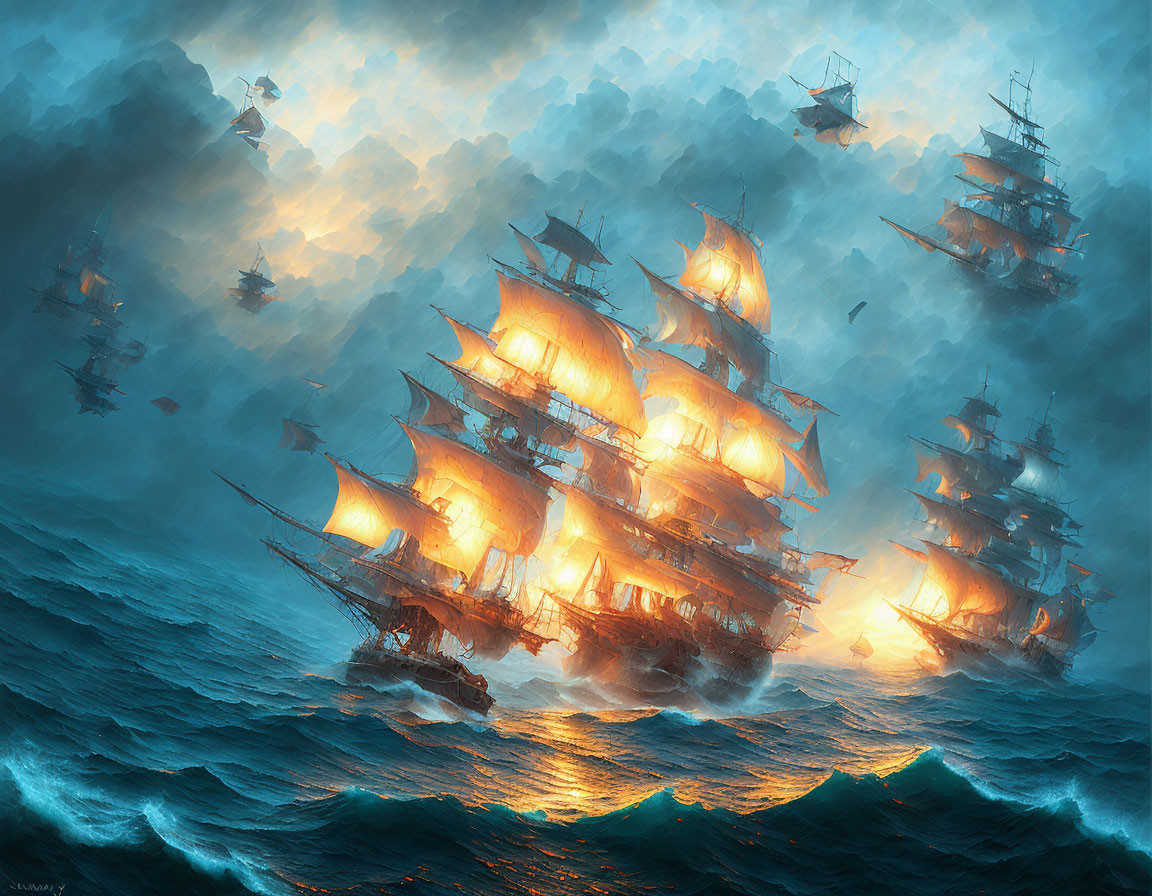 Majestic ships with illuminated sails on stormy ocean at dusk or dawn