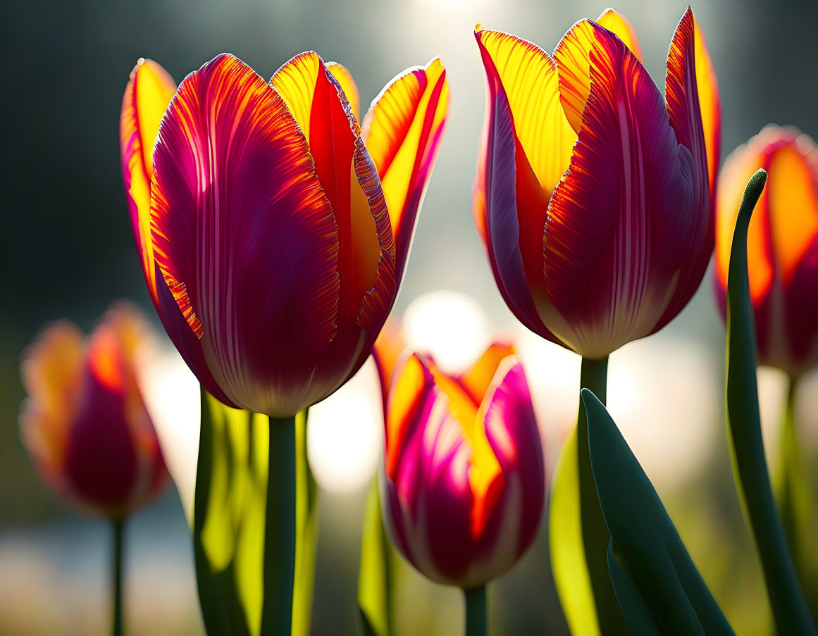 Colorful Striped Tulips in Sunlight on Soft Background