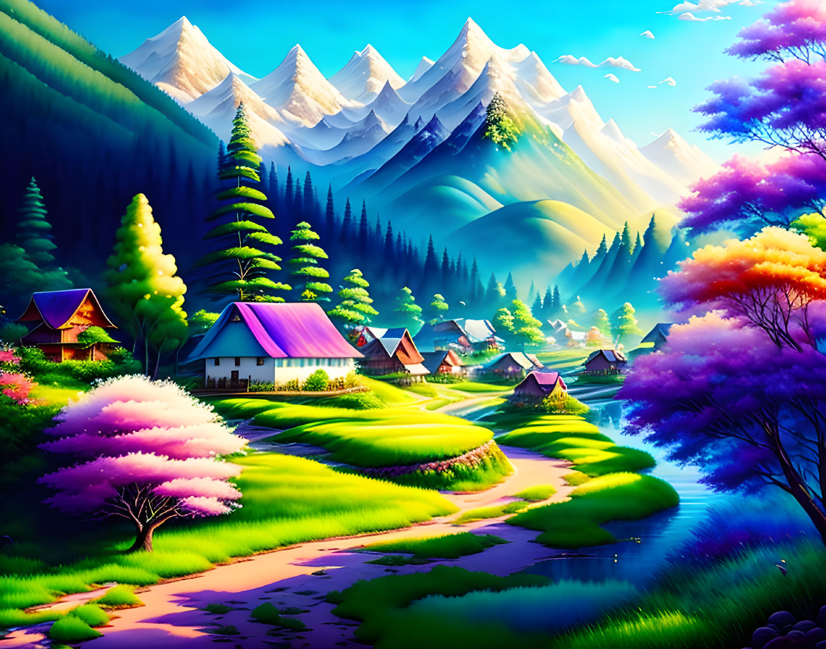 Colorful landscape of tranquil village with cozy houses, lush trees, river, mountains