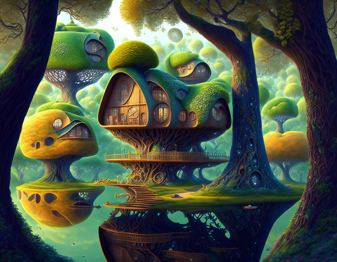 Whimsical mushroom-like treehouses in enchanted forest