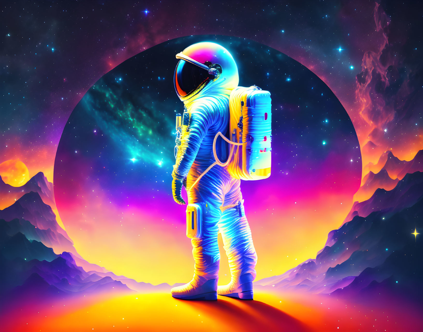 Colorful Astronaut Standing in Cosmic Backdrop