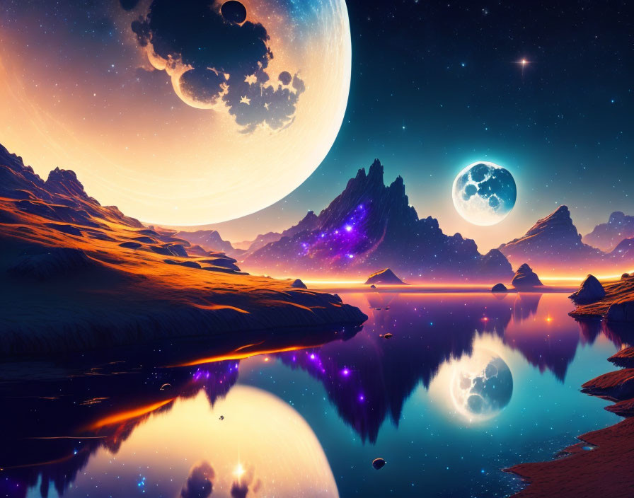 Alien planet with two moons reflecting on water body
