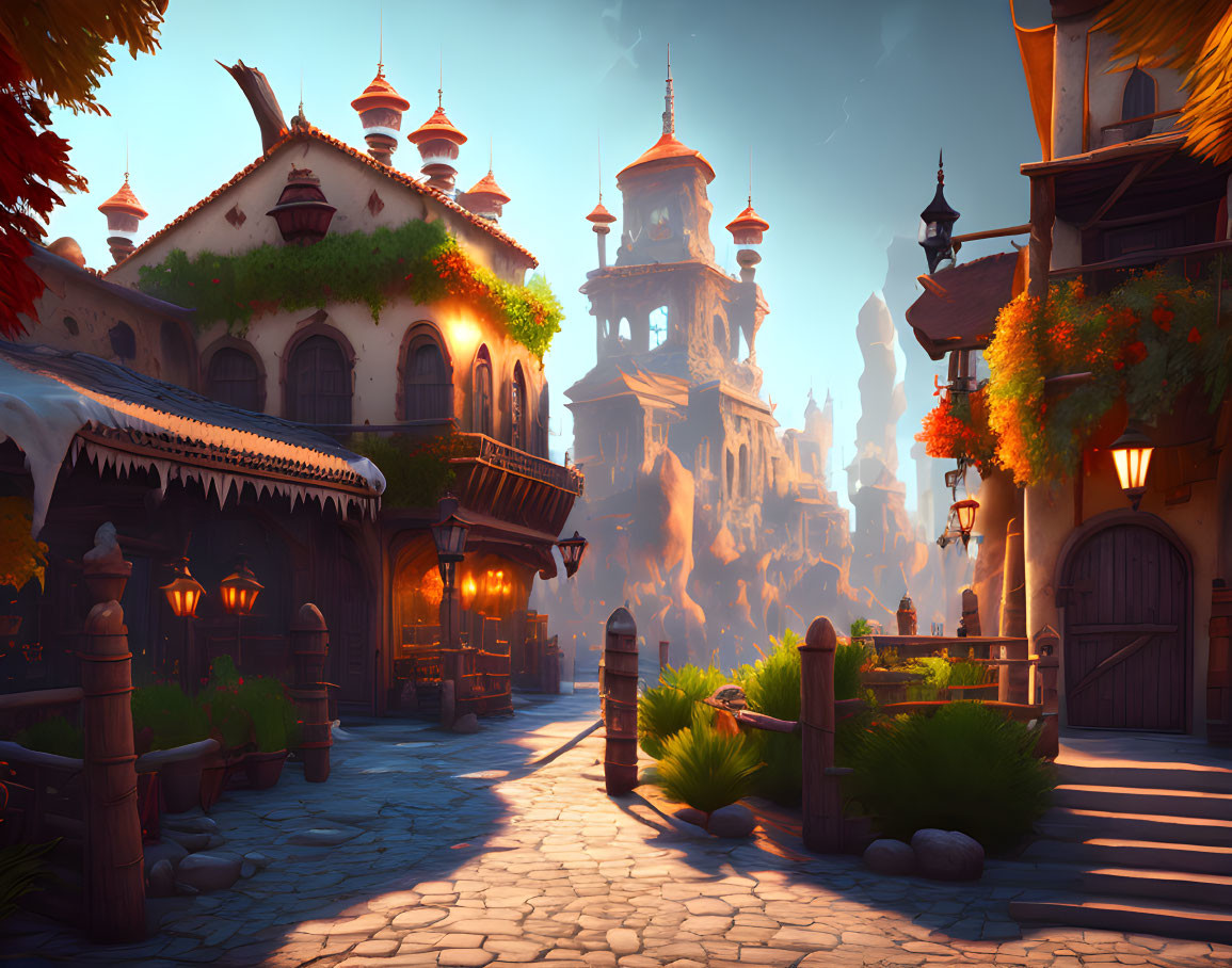 Fantasy town with ornate buildings and autumn foliage