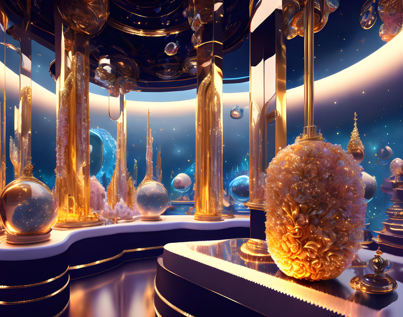 Luxurious futuristic room with golden columns, glass ornaments, and cosmic backdrop
