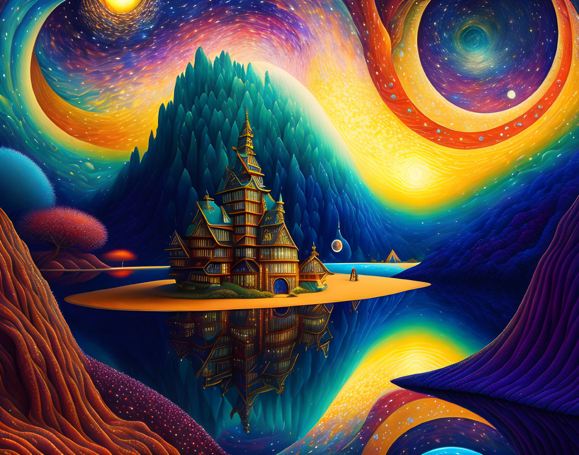 Surreal landscape with pagoda-style house by reflective lake