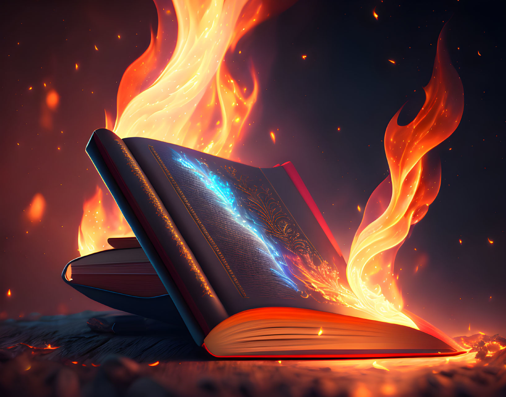 Ornate book cover with flaming tendrils on dark mystical backdrop