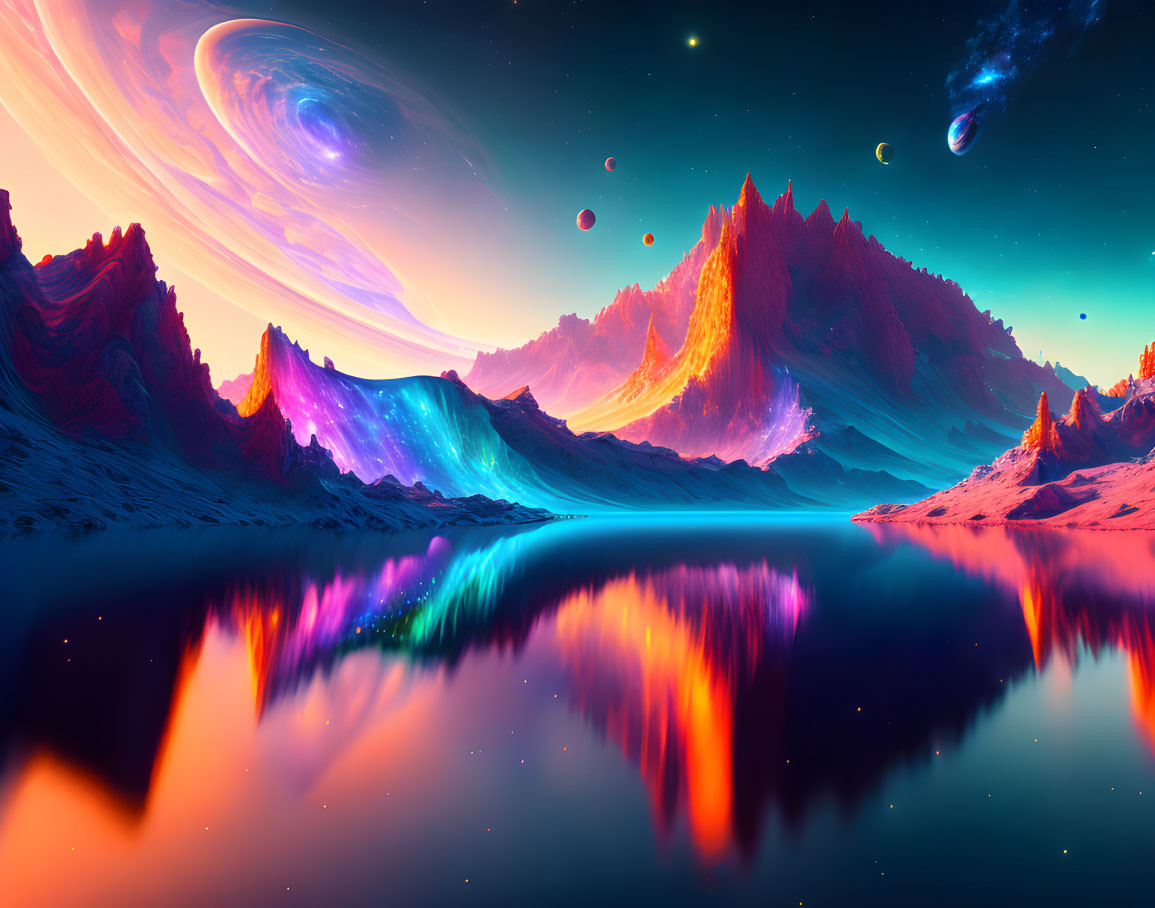 Surreal landscape with neon-lit mountains and multiple planets
