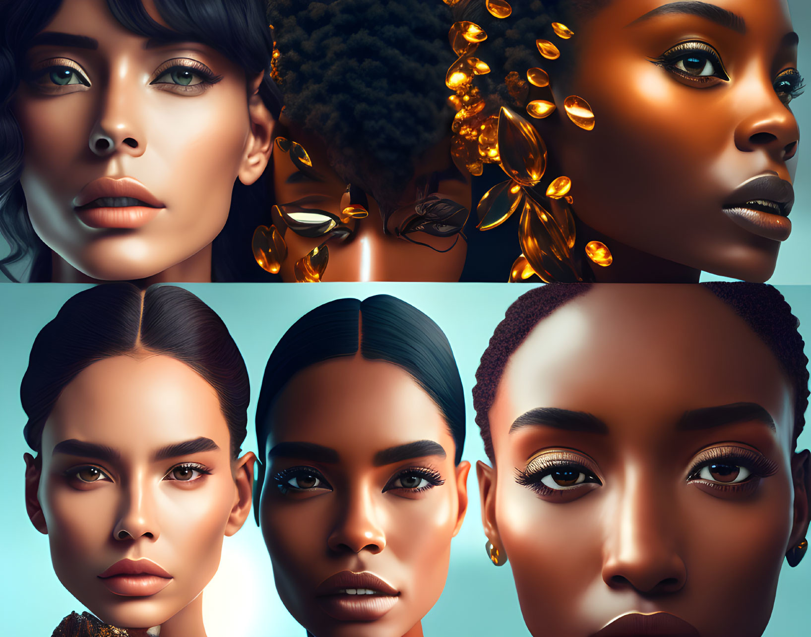 Stylized portraits of diverse women with unique hairstyles and skin tones